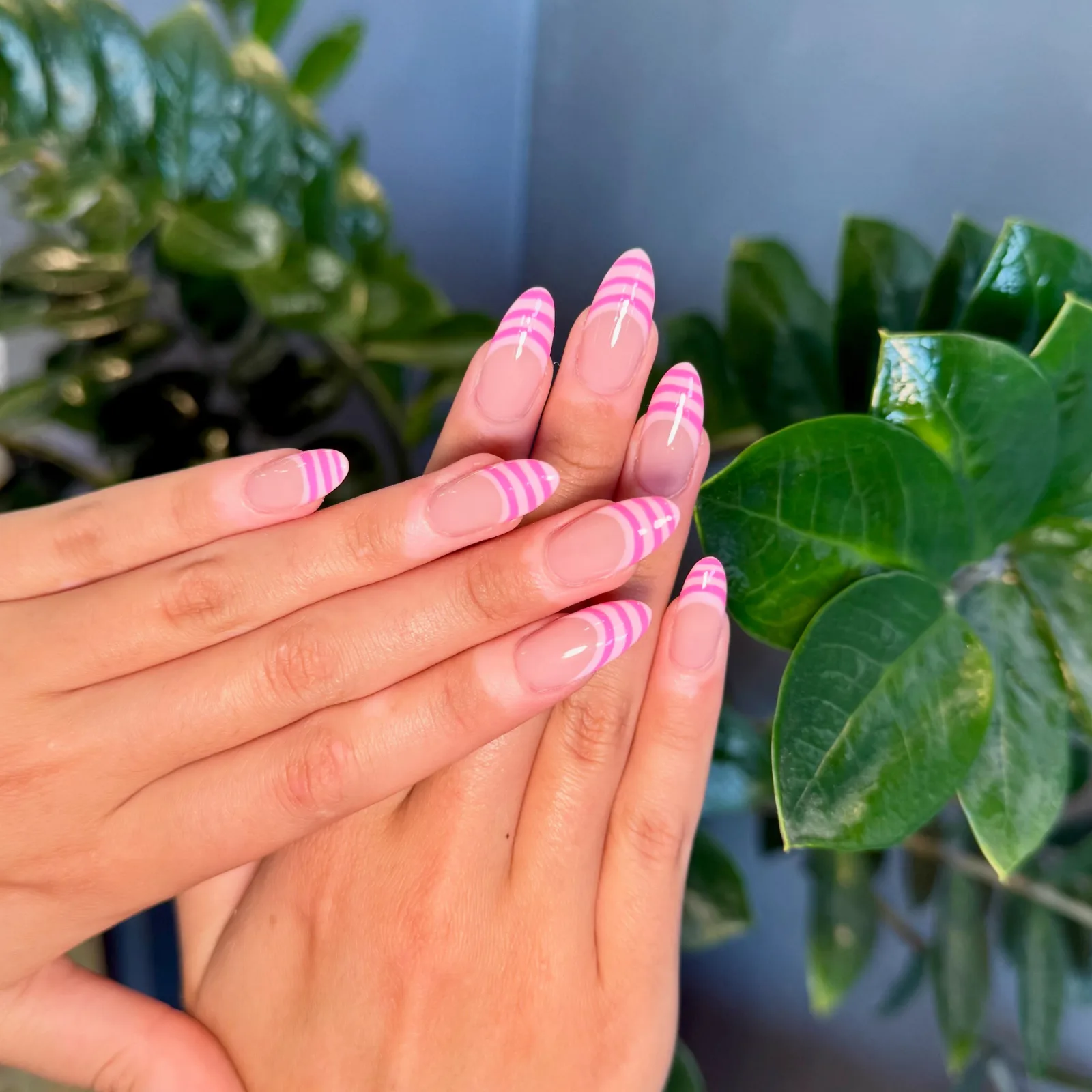 Long almond nails with a nude base and double pink stripes at the tips, beside a green plant